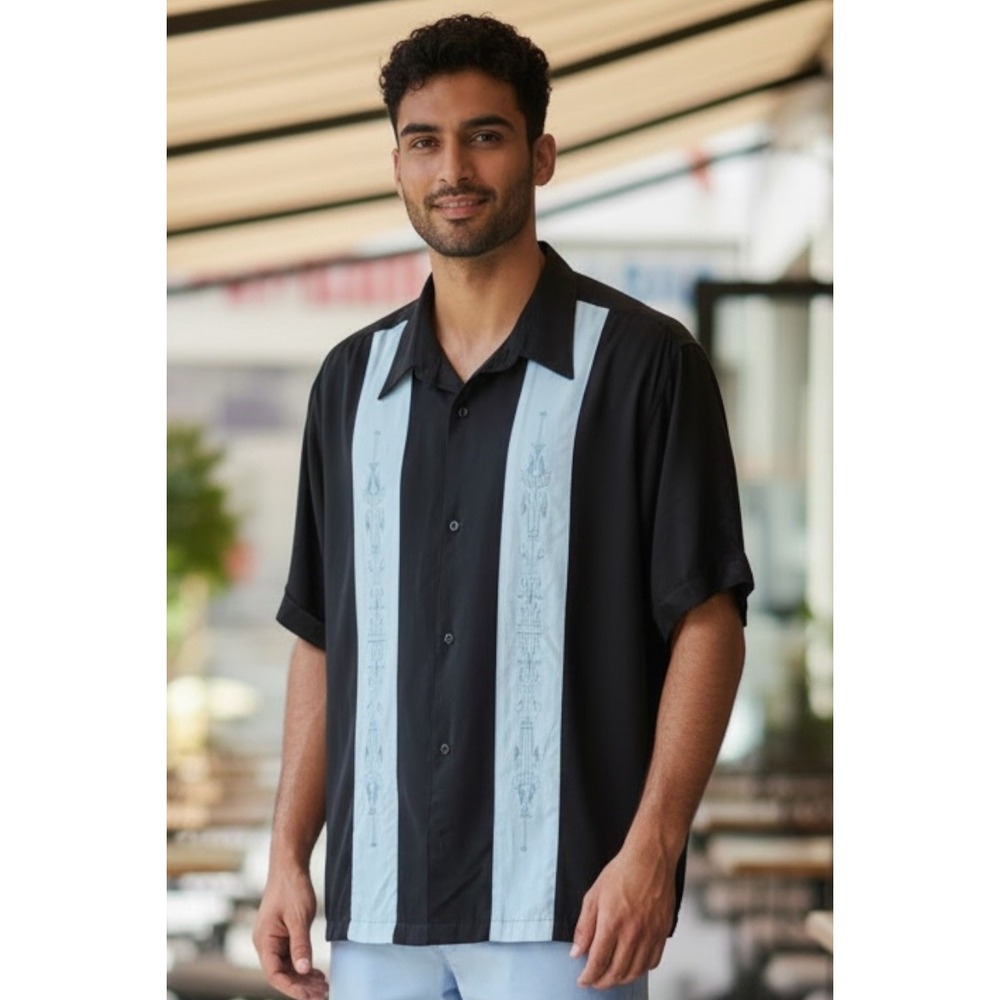 Y2K Havanera Co Camp Shirt Black Blue‎ Embroidered Mens XL Retro 50's Guayabera
